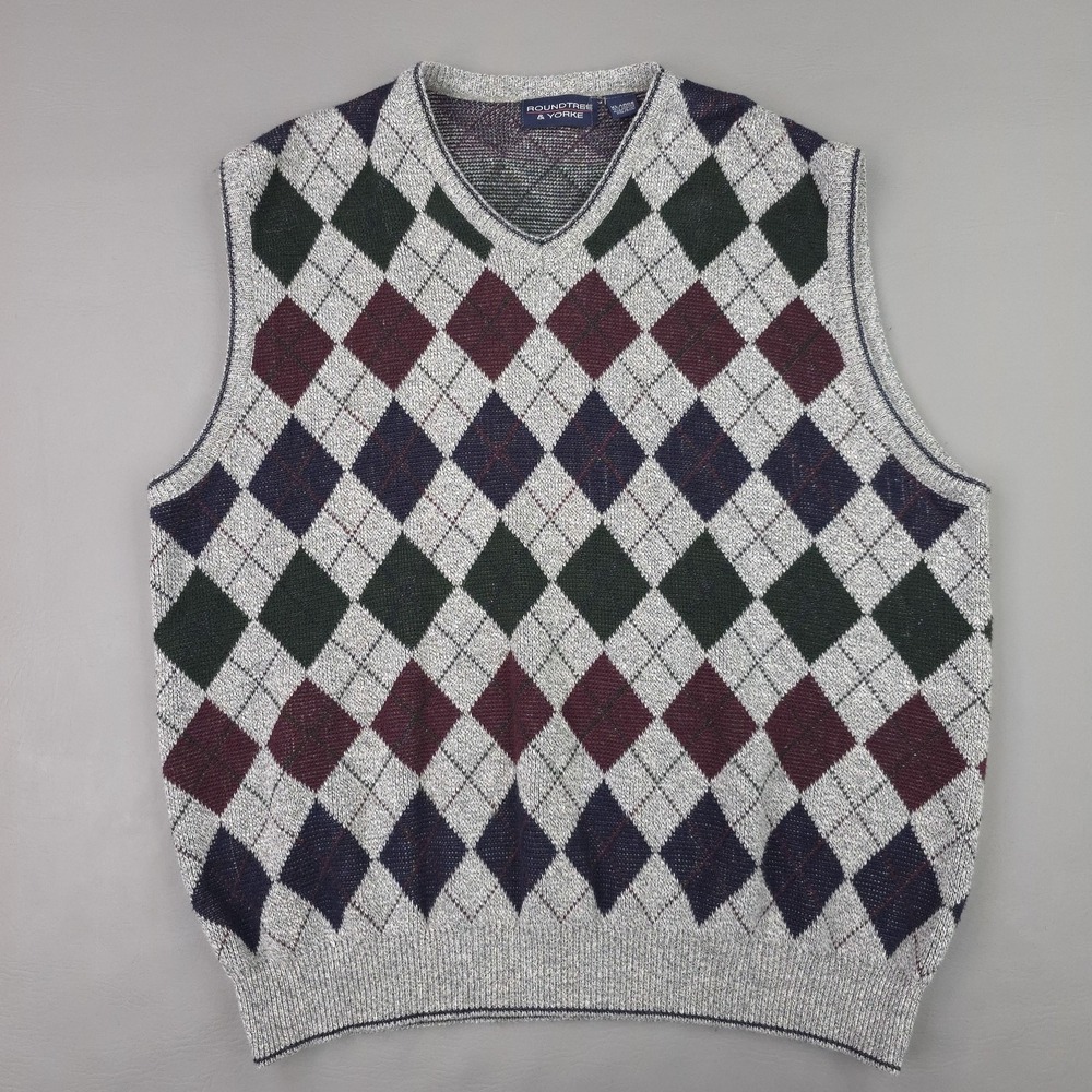 Roundtree & Yorke Sweater Vest Mens XL Gray Argyle V Neck Cotton Acrylic USA